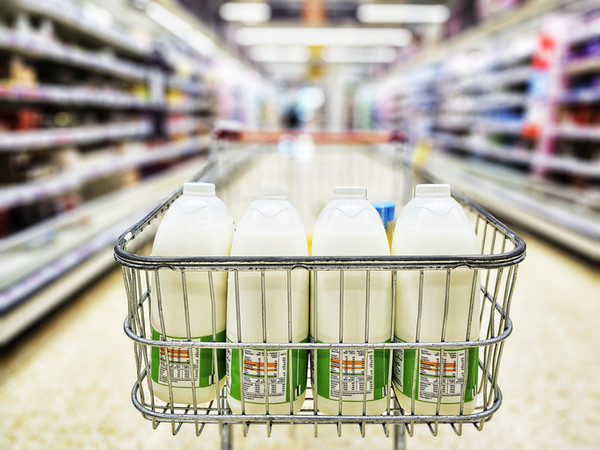 Bottles of milk in shopping trolley in supermarket aisle