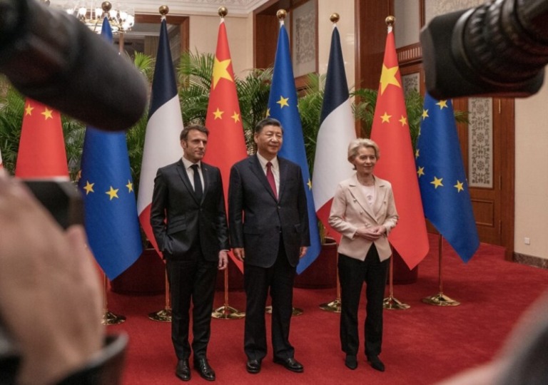 French President Emmanuel Macron and President of the European Commission (EU) Ursula von der Leyen meet Chinese President Xi